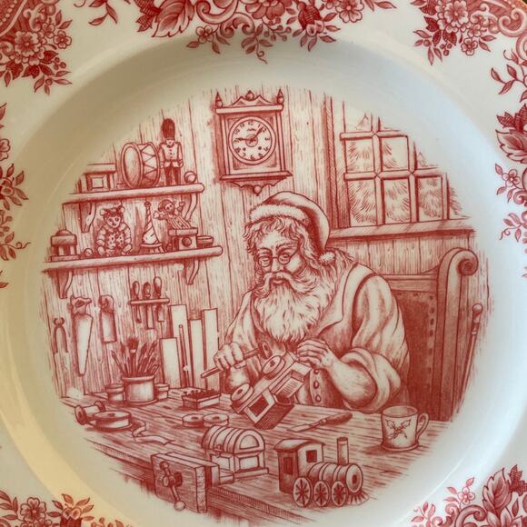 4pc Royal Stafford Christmas SANTA'S WORKSHOP Porcelain Dinner Plates 11" Red - Picture 7 of 15